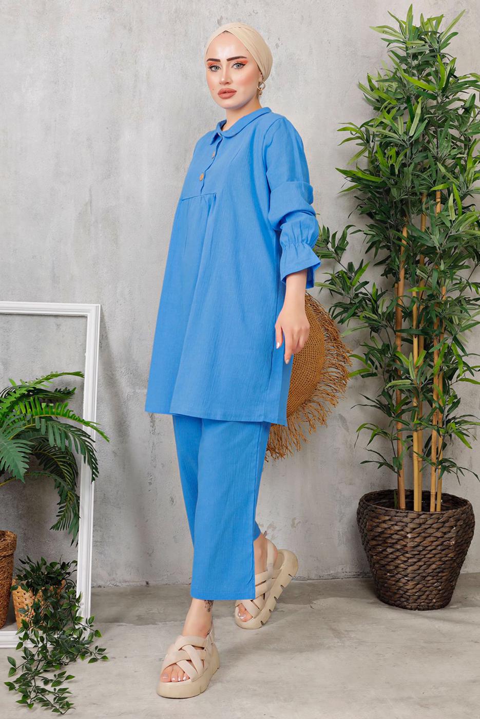 Tesettür giyim LACİVERT MANŞETLERİ LASTİKLİ DÜĞMELİ PANT. TAKIM 9352 