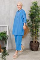 Tesettür giyim LACİVERT MANŞETLERİ LASTİKLİ DÜĞMELİ PANT. TAKIM 9352 