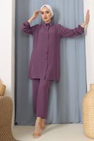 Tesettür giyim MOR YAKASI TAŞ İŞLEMELİ PANT. TAKIM 9942	