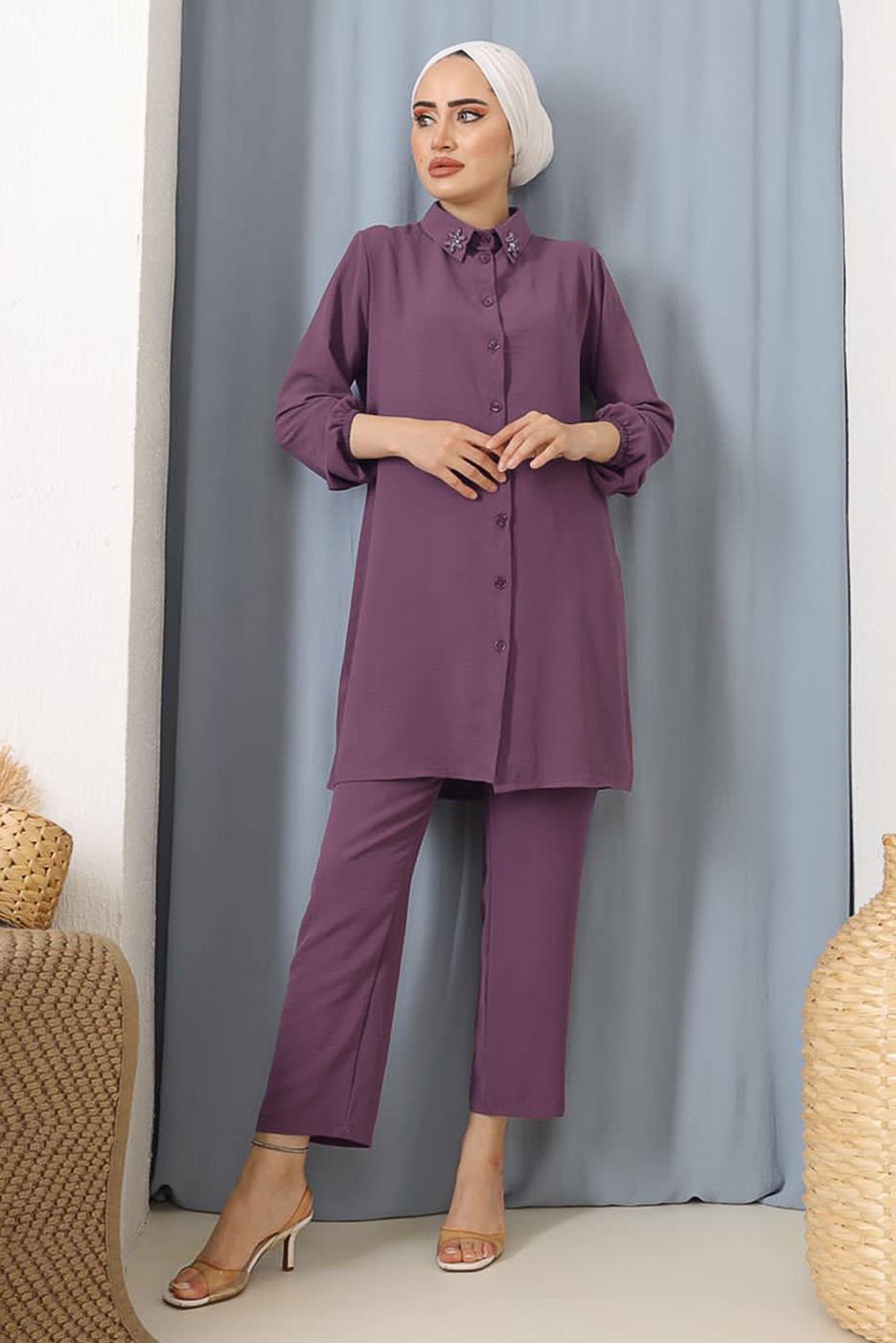 Tesettür giyim MOR YAKASI TAŞ İŞLEMELİ PANT. TAKIM 9942	