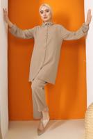 Tesettür giyim KAHVE YAKASI TAŞ İŞLEMELİ PANT. TAKIM 9942	