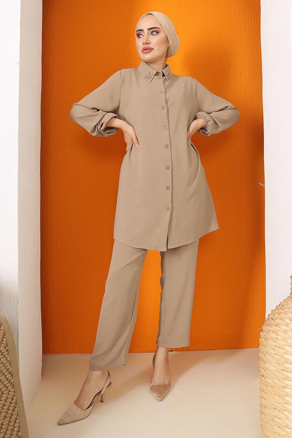 Tesettür giyim KAHVE YAKASI TAŞ İŞLEMELİ PANT. TAKIM 9942	