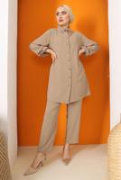 Tesettür giyim KAHVE YAKASI TAŞ İŞLEMELİ PANT. TAKIM 9942	