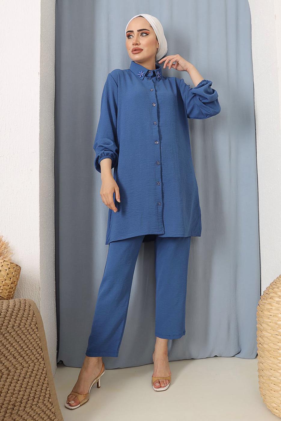 Tesettür giyim LACİVERT YAKASI TAŞ İŞLEMELİ PANT. TAKIM 9942	