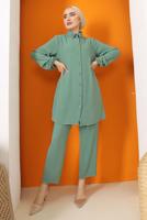 Tesettür giyim YEŞİL YAKASI TAŞ İŞLEMELİ PANT. TAKIM 9942	