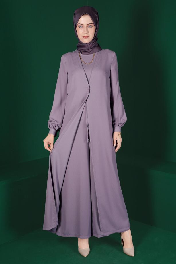 Tesettür giyim MOR ALVİNA HIRKA GÖRÜNÜMLÜ TULUM T 42766 - TRENDTESETTÜR