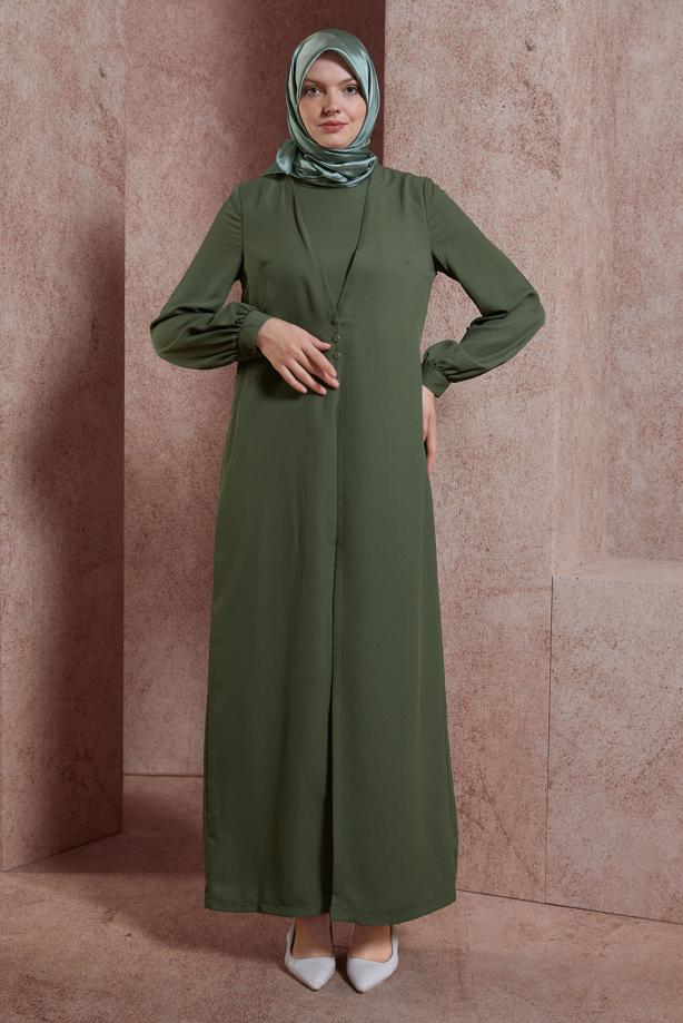 Tesettür giyim HAKİ ALVİNA HIRKA GÖRÜNÜMLÜ TULUM T 42766 - TRENDTESETTÜR