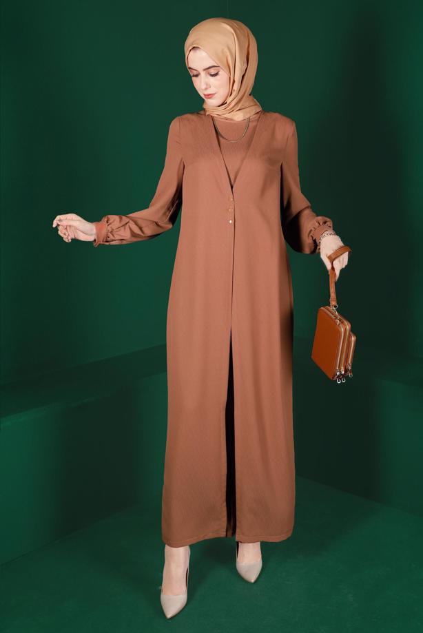 Tesettür giyim KAHVE ALVİNA HIRKA GÖRÜNÜMLÜ TULUM T 42766 - TRENDTESETTÜR