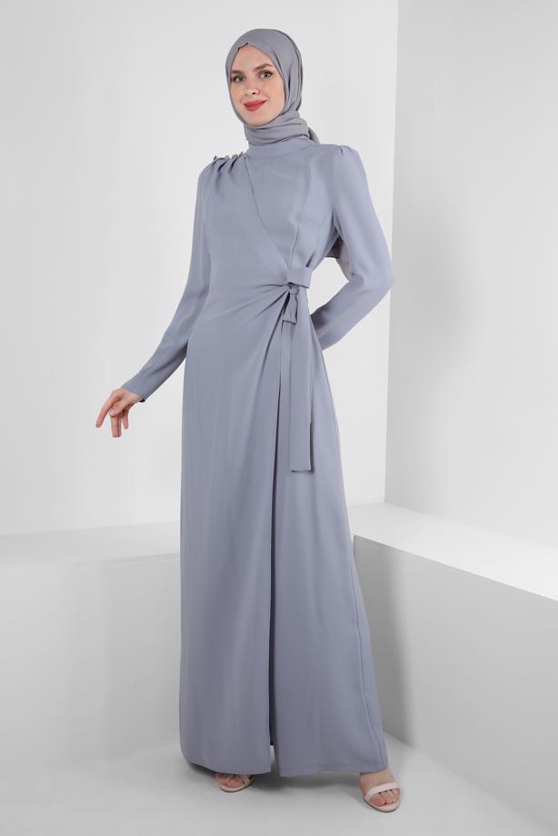 Tesettür giyim GRİ ALVİNA BAĞLAMA DETAYLI TULUM T 42885 - TRENDTESETTÜR