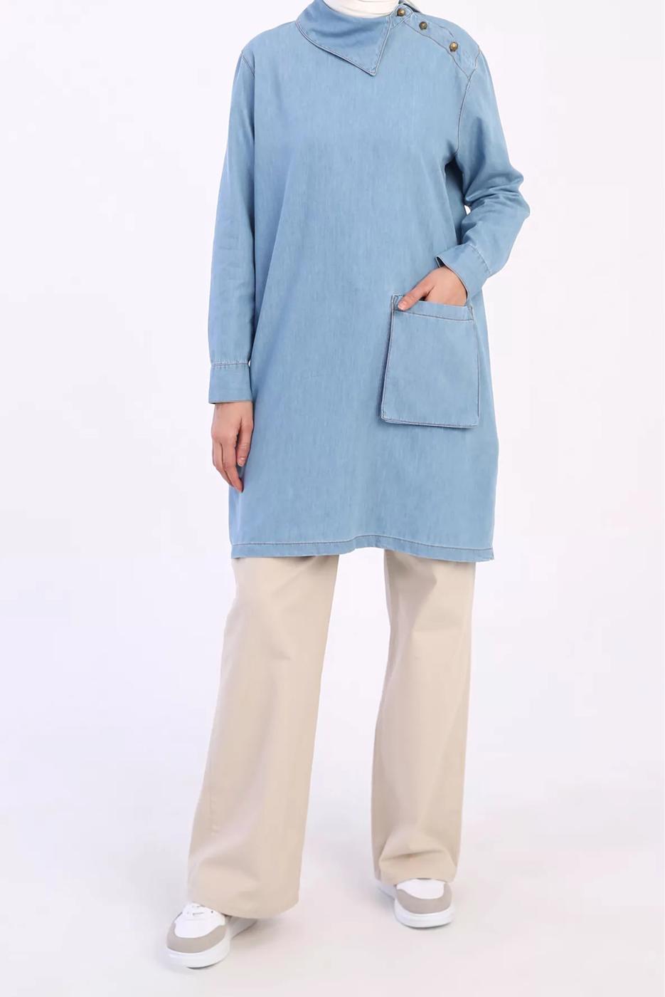 Tesettür giyim MAVİ DÜĞME DETAYLI CEPLİ DENİM TUNİK 00045 