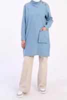 Tesettür giyim MAVİ DÜĞME DETAYLI CEPLİ DENİM TUNİK 00045 