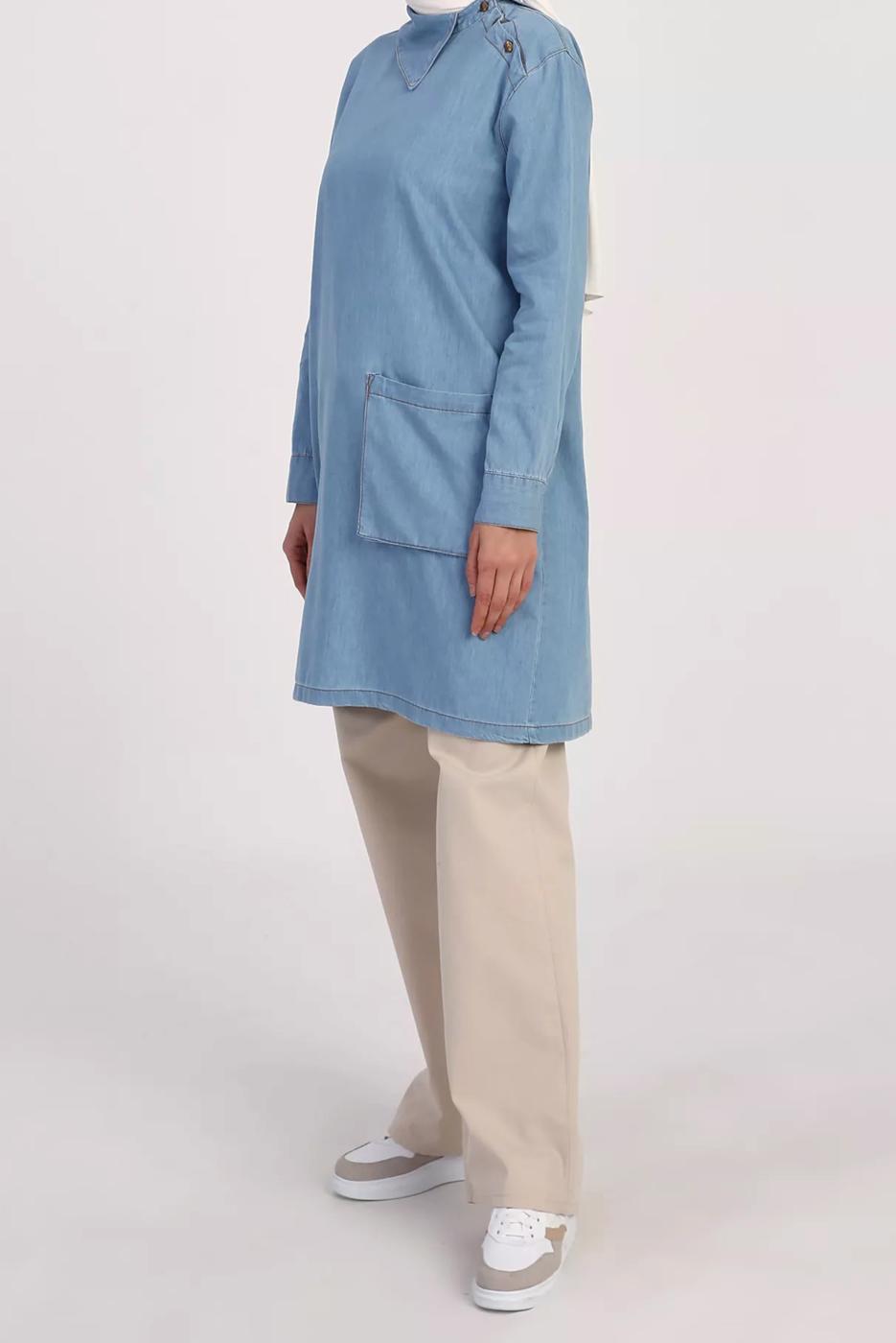 Tesettür giyim MAVİ DÜĞME DETAYLI CEPLİ DENİM TUNİK 00045 
