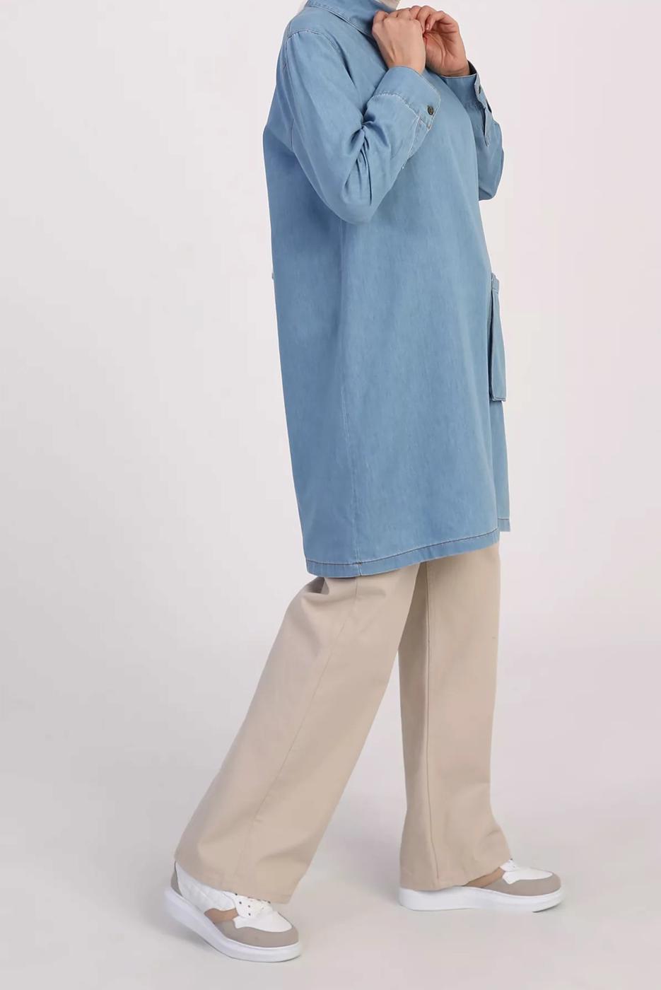 Tesettür giyim MAVİ DÜĞME DETAYLI CEPLİ DENİM TUNİK 00045 
