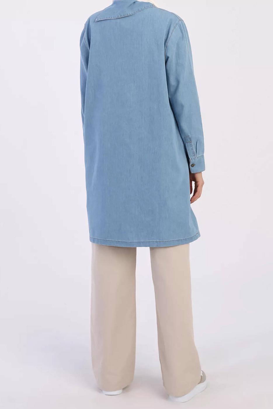 Tesettür giyim MAVİ DÜĞME DETAYLI CEPLİ DENİM TUNİK 00045 