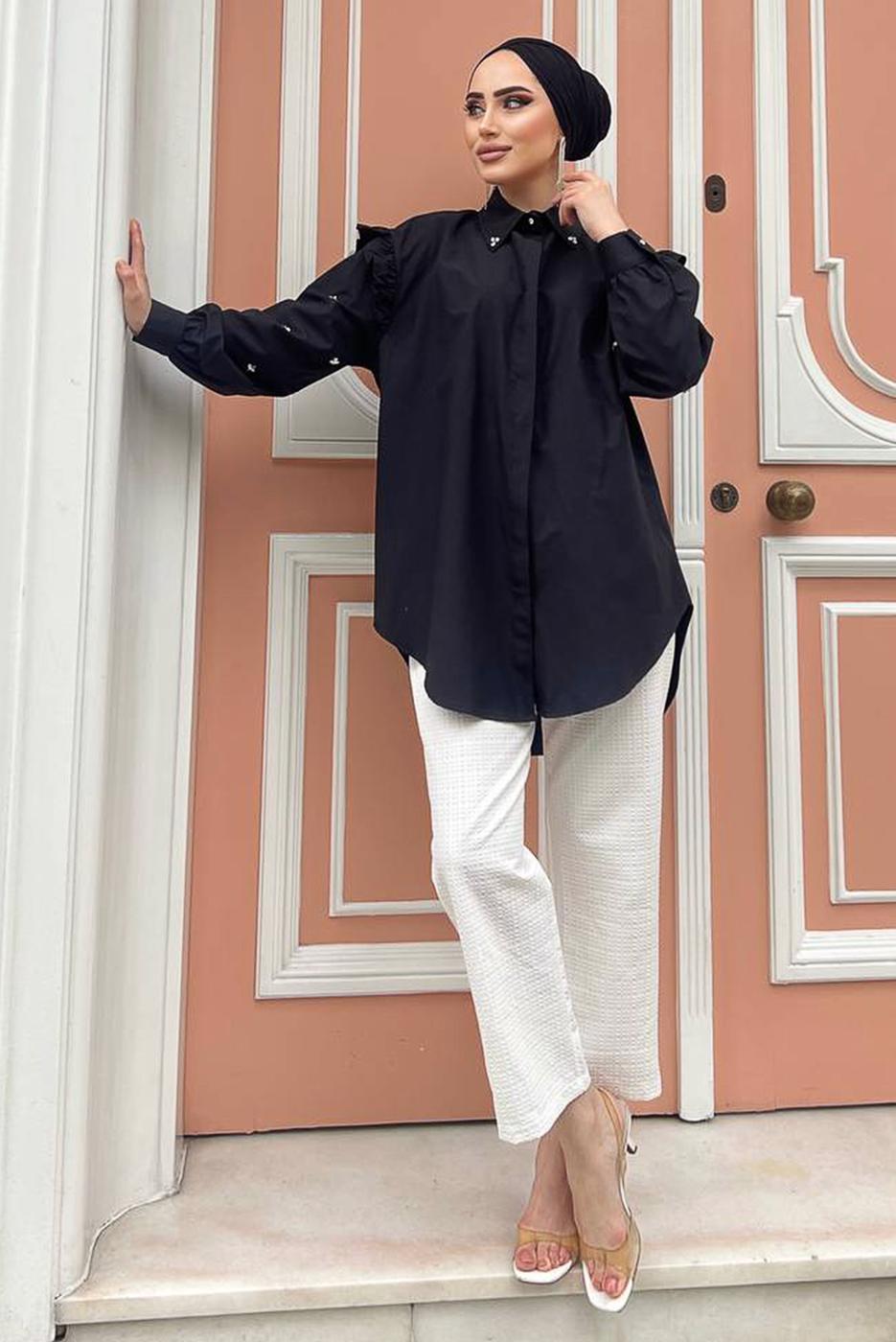 Tesettür giyim SİYAH FIRFIRLI TAŞ İŞLEMELİ TUNİK 271 