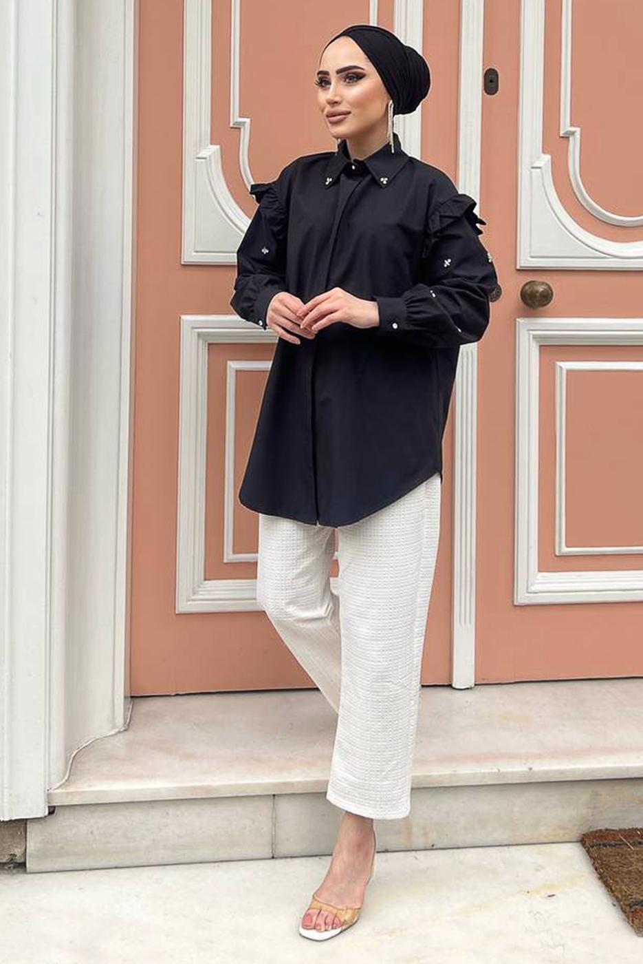 Tesettür giyim SİYAH FIRFIRLI TAŞ İŞLEMELİ TUNİK 271 