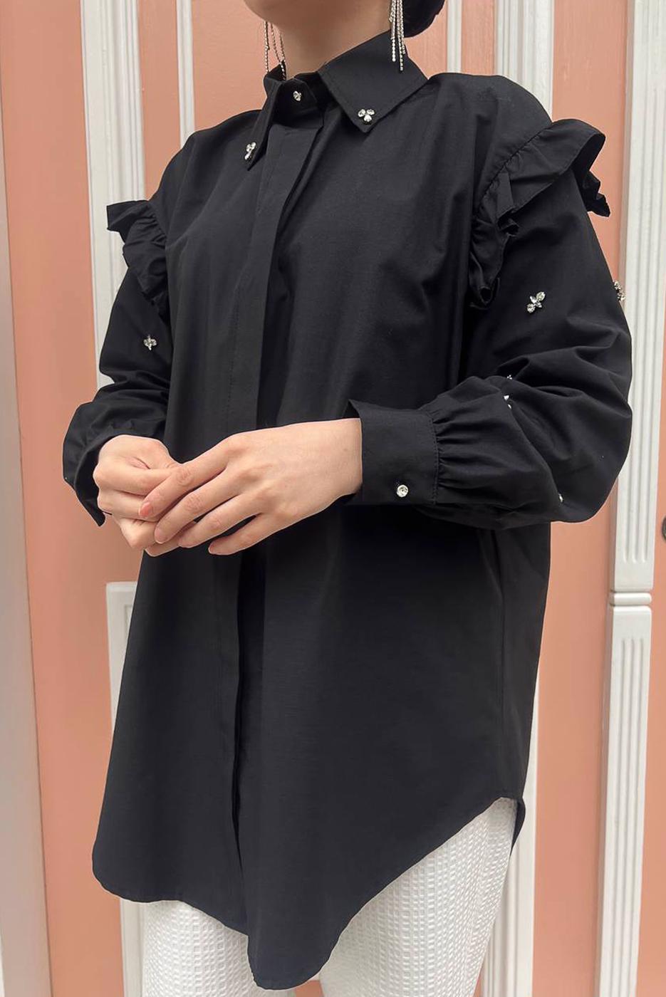 Tesettür giyim SİYAH FIRFIRLI TAŞ İŞLEMELİ TUNİK 271 