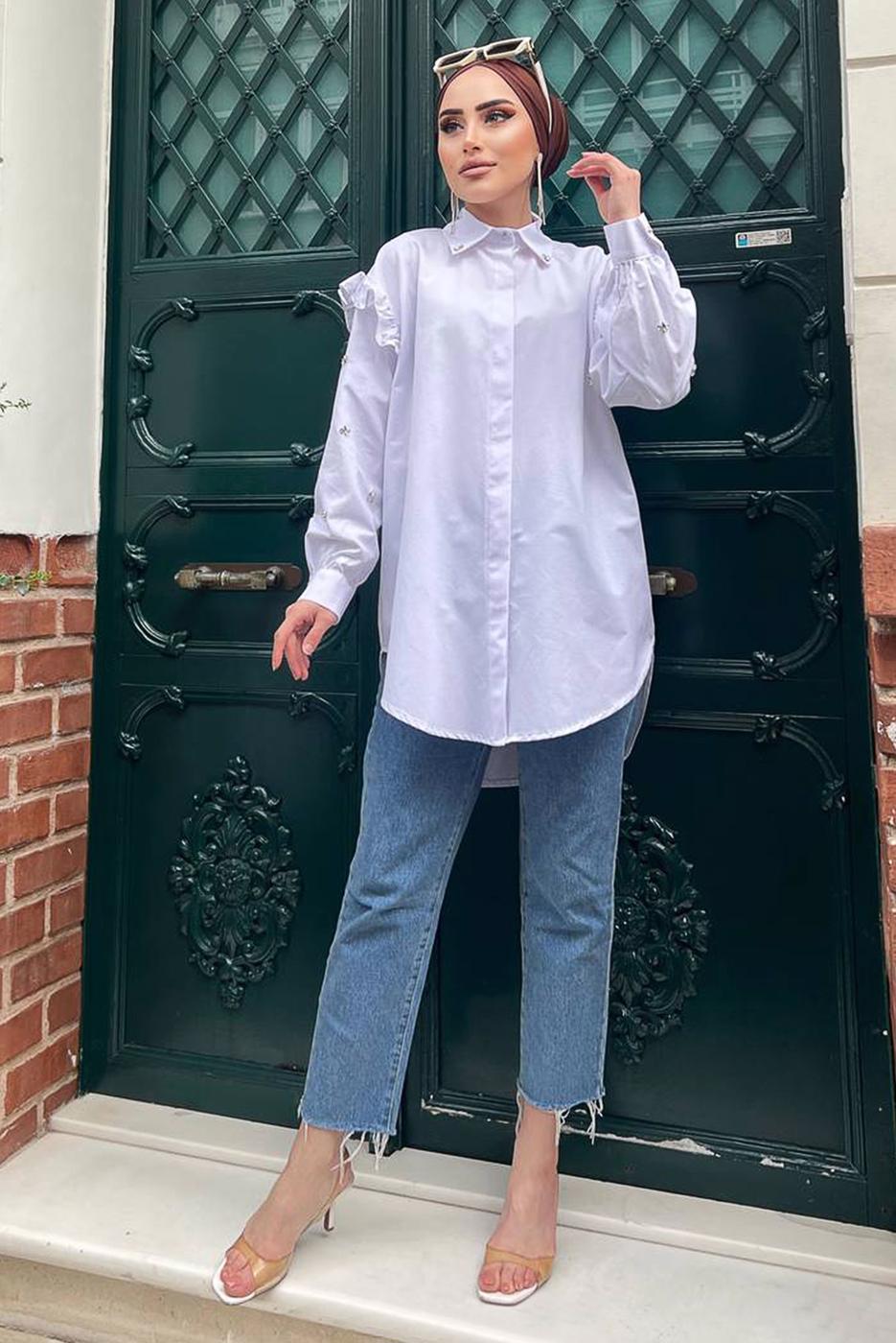 Tesettür giyim BEYAZ FIRFIRLI TAŞ İŞLEMELİ TUNİK 271 