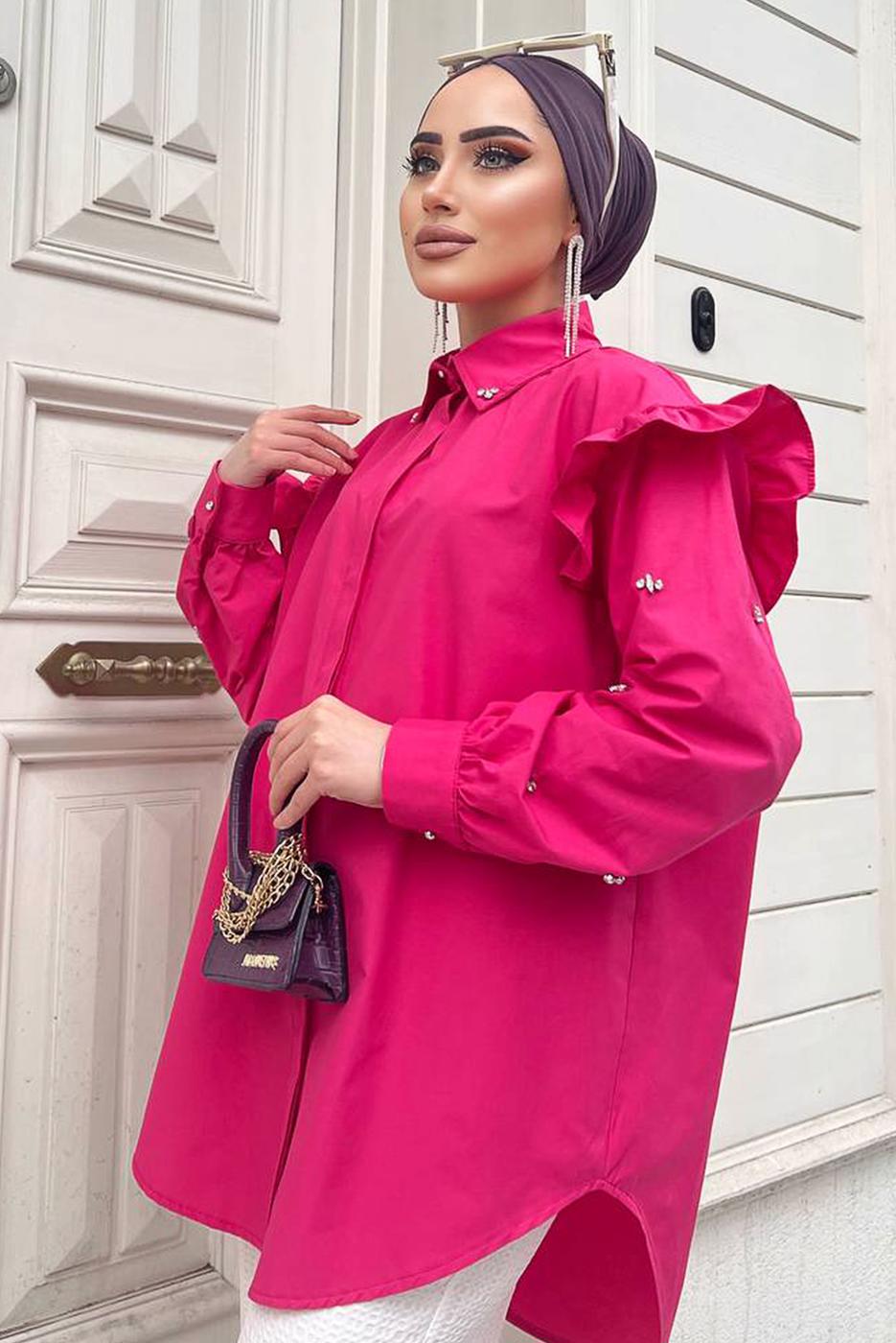 Tesettür giyim FUŞYA FIRFIRLI TAŞ İŞLEMELİ TUNİK 271 