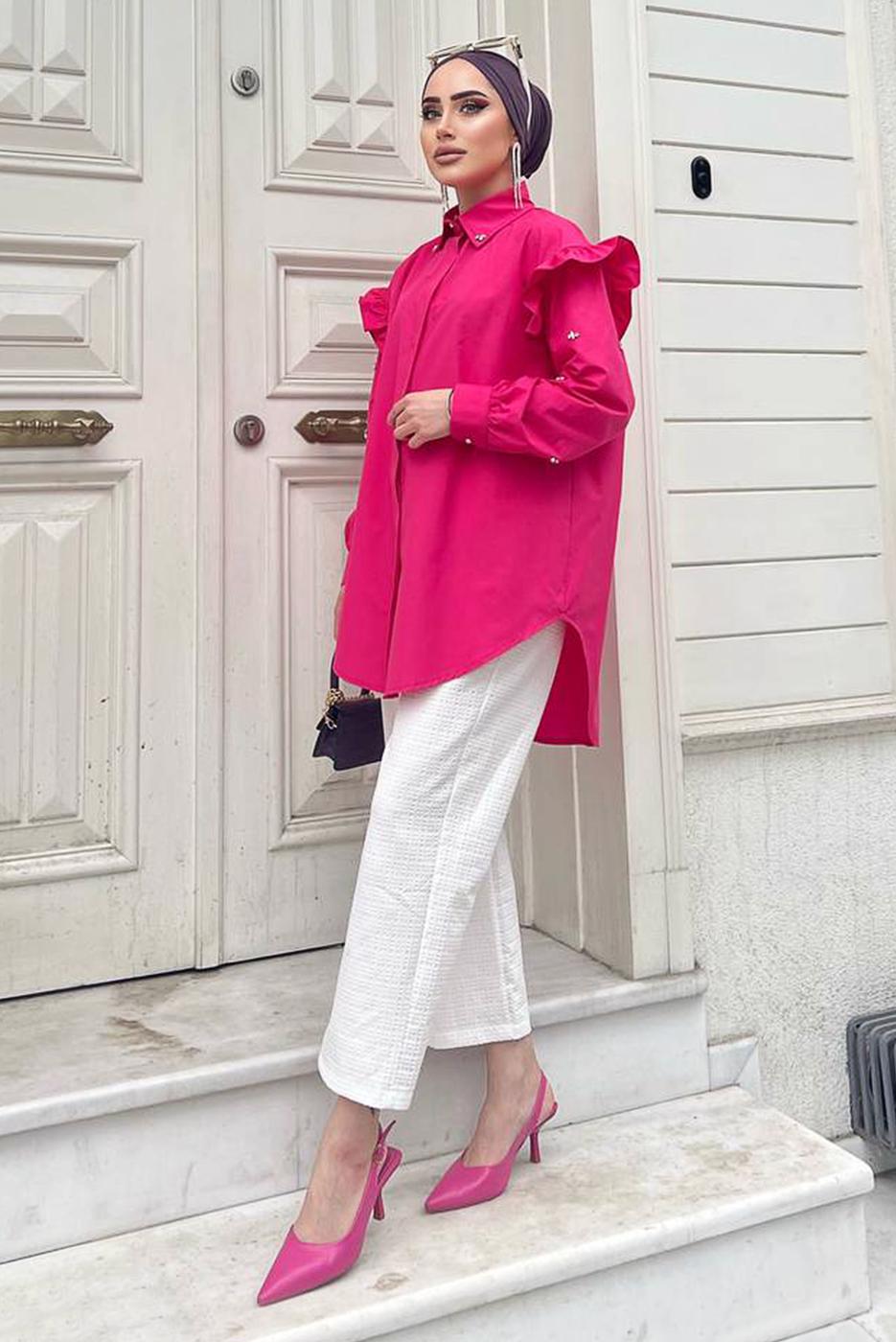 Tesettür giyim FUŞYA FIRFIRLI TAŞ İŞLEMELİ TUNİK 271 