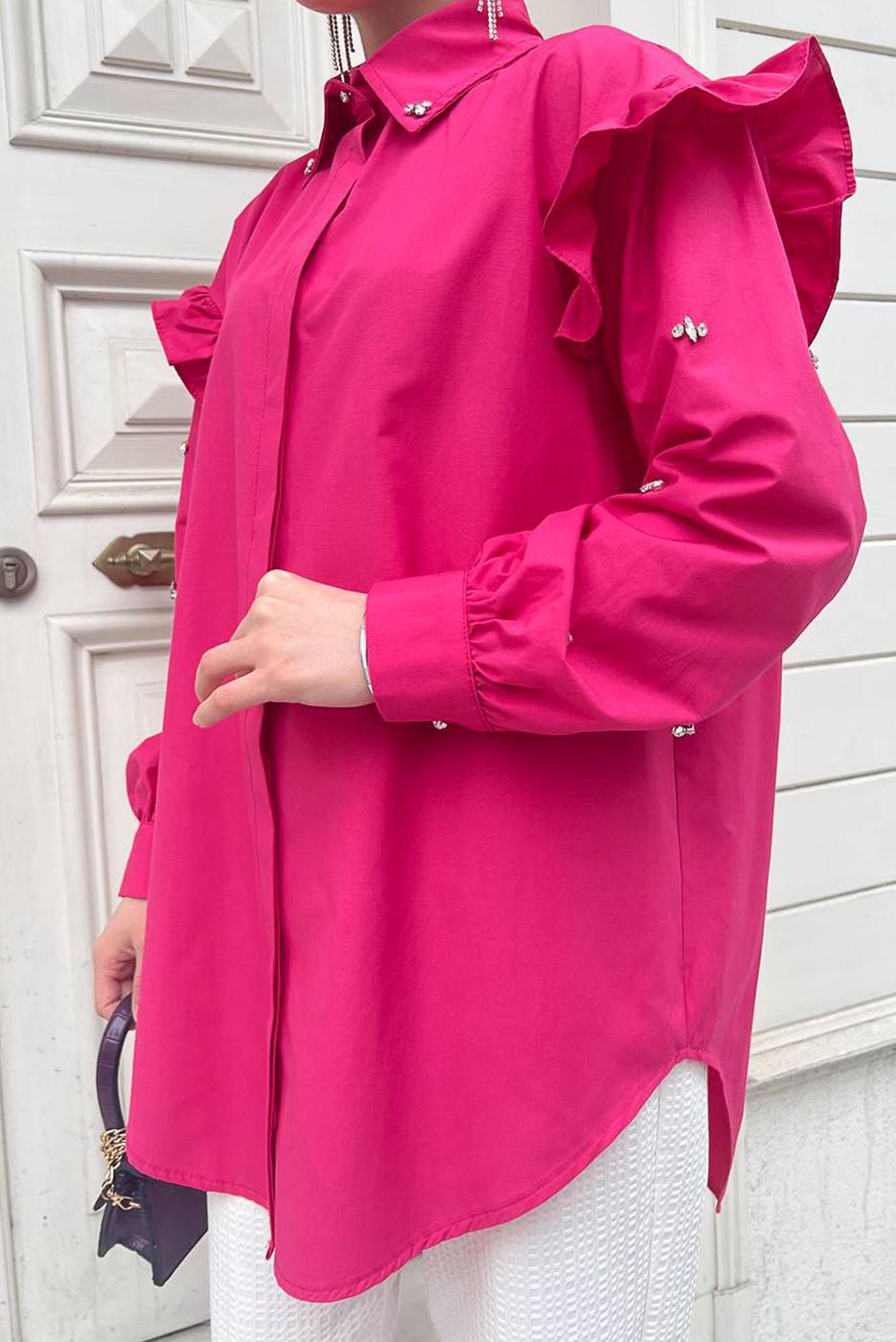 Tesettür giyim FUŞYA FIRFIRLI TAŞ İŞLEMELİ TUNİK 271 