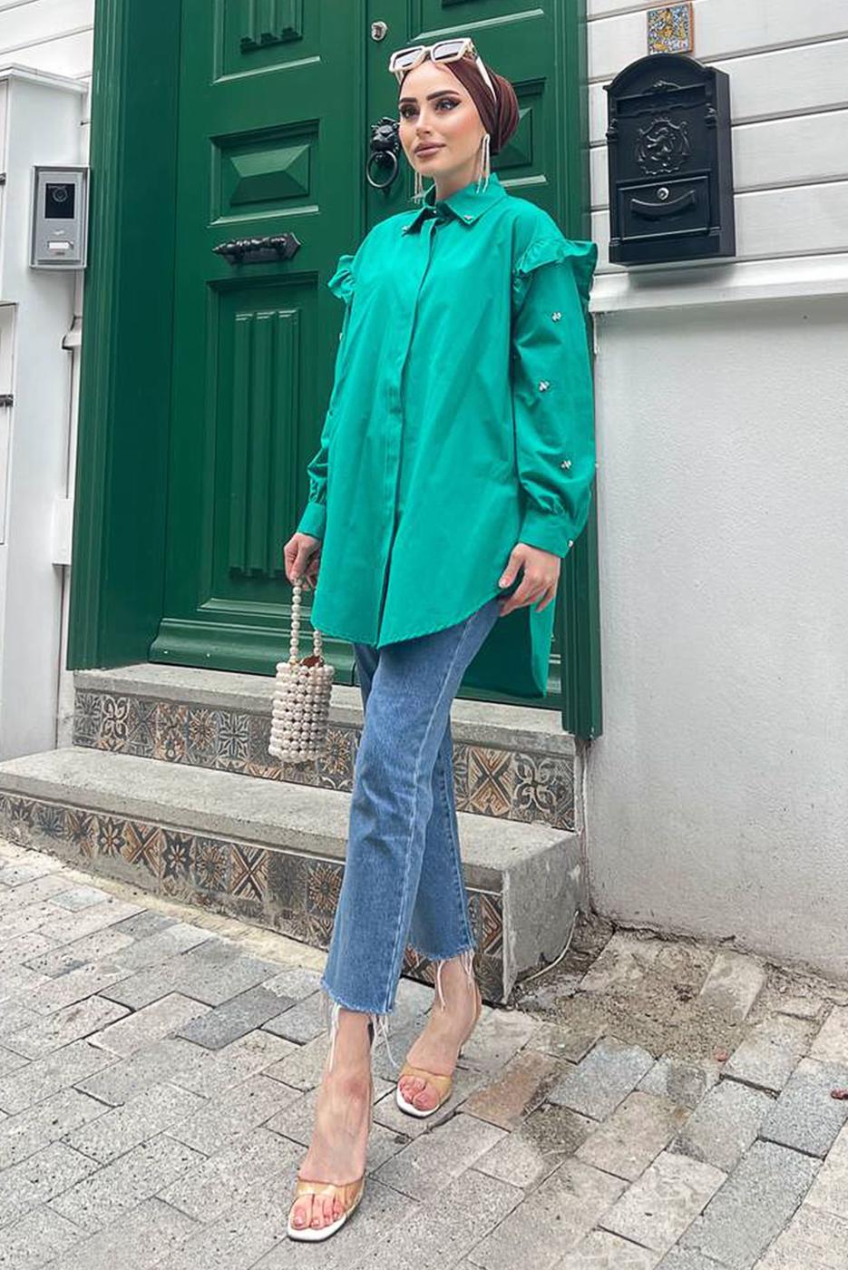 Tesettür giyim YEŞİL FIRFIRLI TAŞ İŞLEMELİ TUNİK 271 