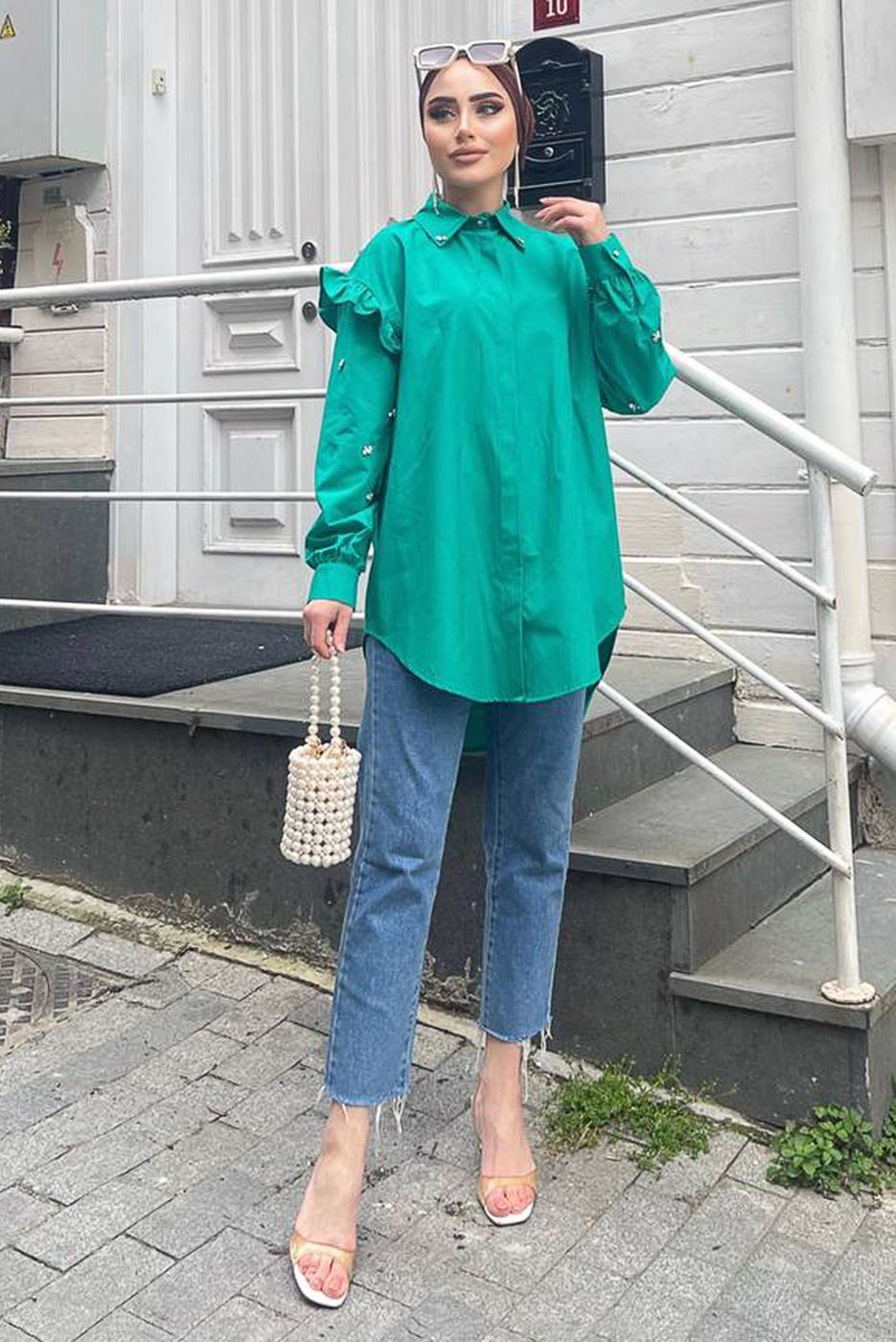 Tesettür giyim YEŞİL FIRFIRLI TAŞ İŞLEMELİ TUNİK 271 