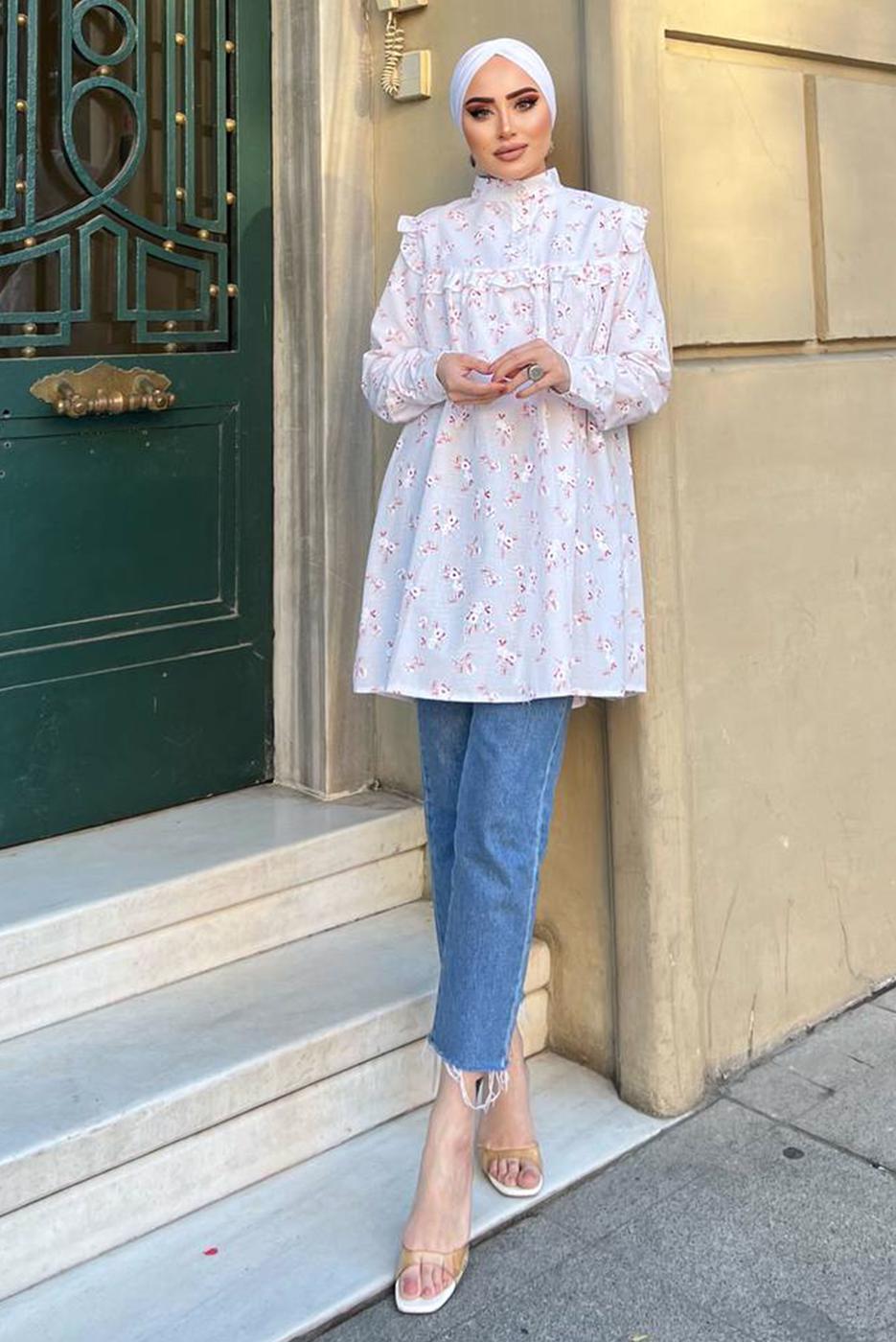 Tesettür giyim BEYAZ ÇİÇEK DESENLİ TUNİK 341  