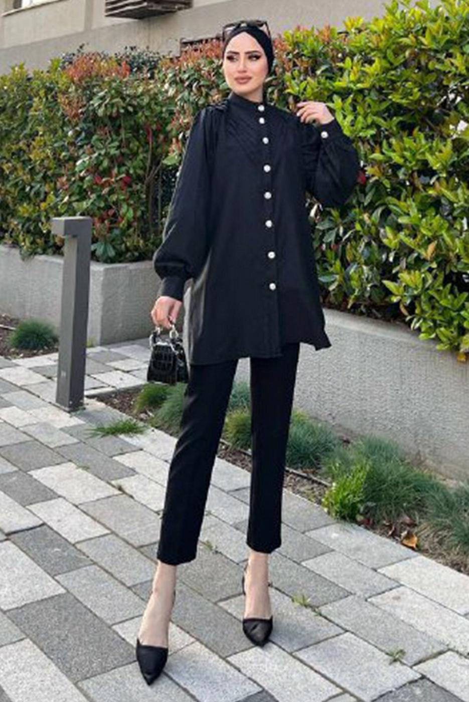 Tesettür giyim SİYAH TAŞ VE İNCİ DETAYLI TUNİK 361 