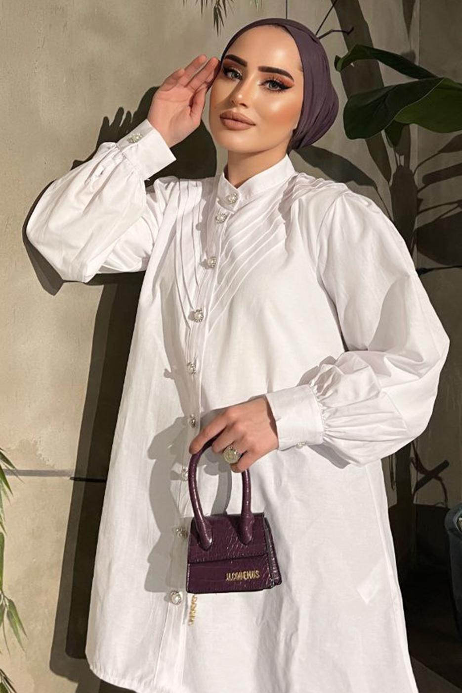 Vêtements hijab CRÈME TUNIQUE DÉTAILS GEMMES ET PERLES 361