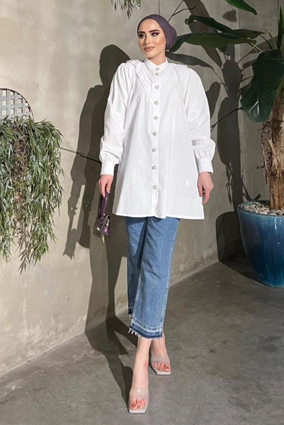 Vêtements hijab CRÈME TUNIQUE DÉTAILS GEMMES ET PERLES 361