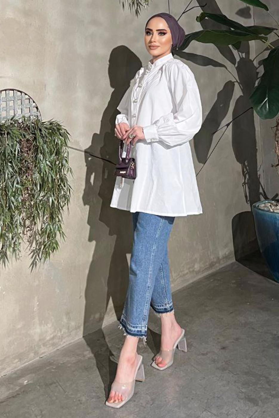 Vêtements hijab CRÈME TUNIQUE DÉTAILS GEMMES ET PERLES 361