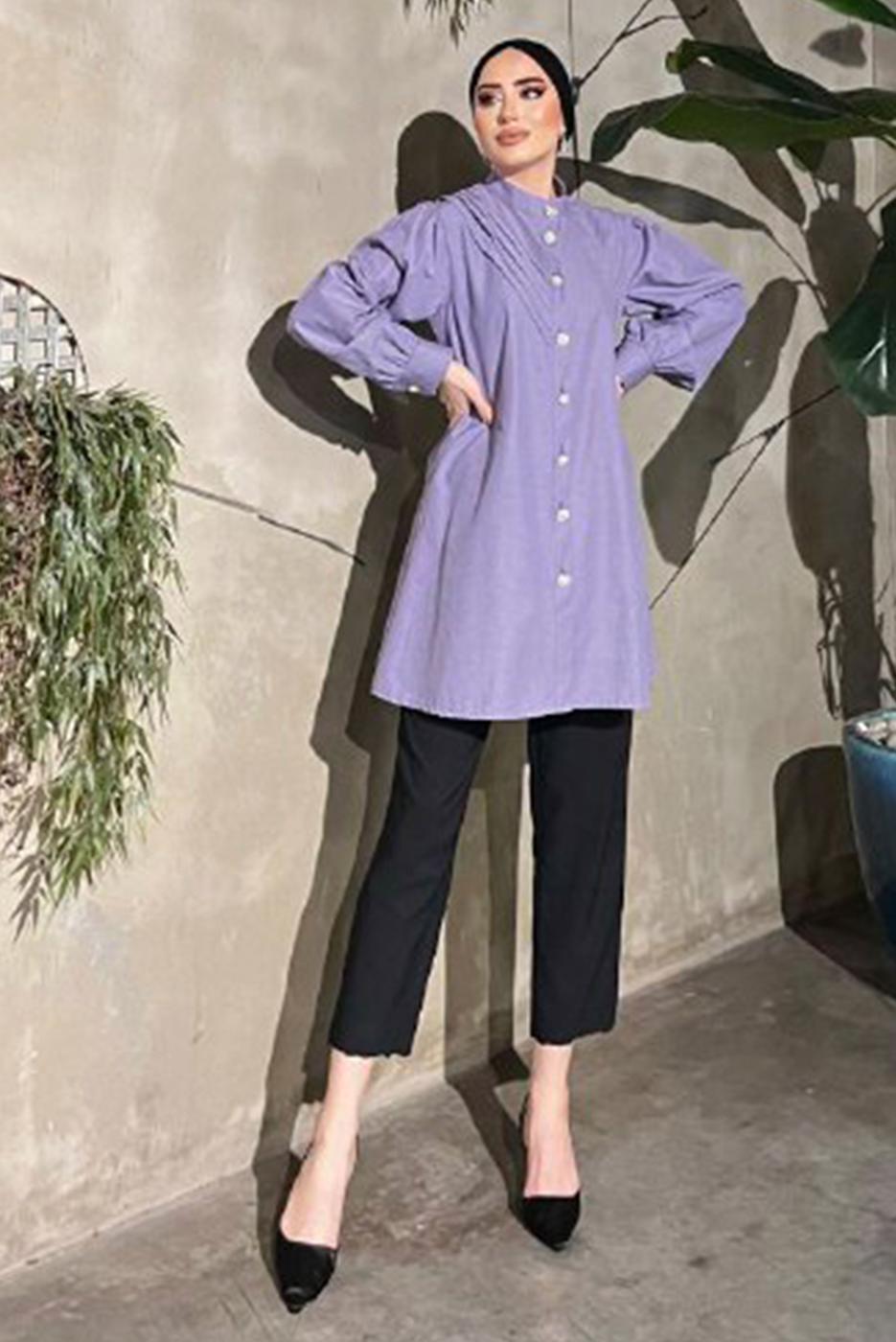 Tesettür giyim MOR TAŞ VE İNCİ DETAYLI TUNİK 361 