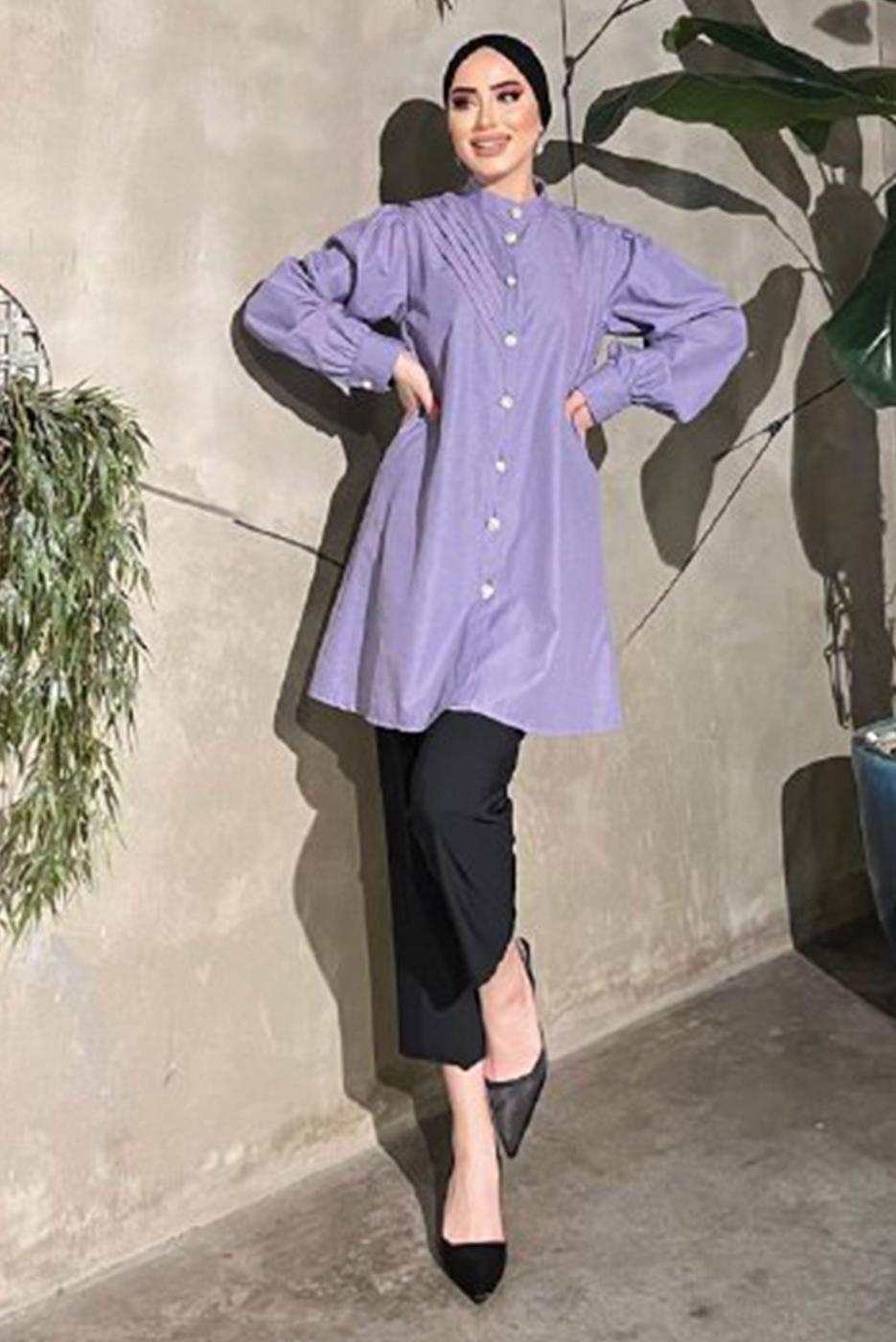 Tesettür giyim MOR TAŞ VE İNCİ DETAYLI TUNİK 361 