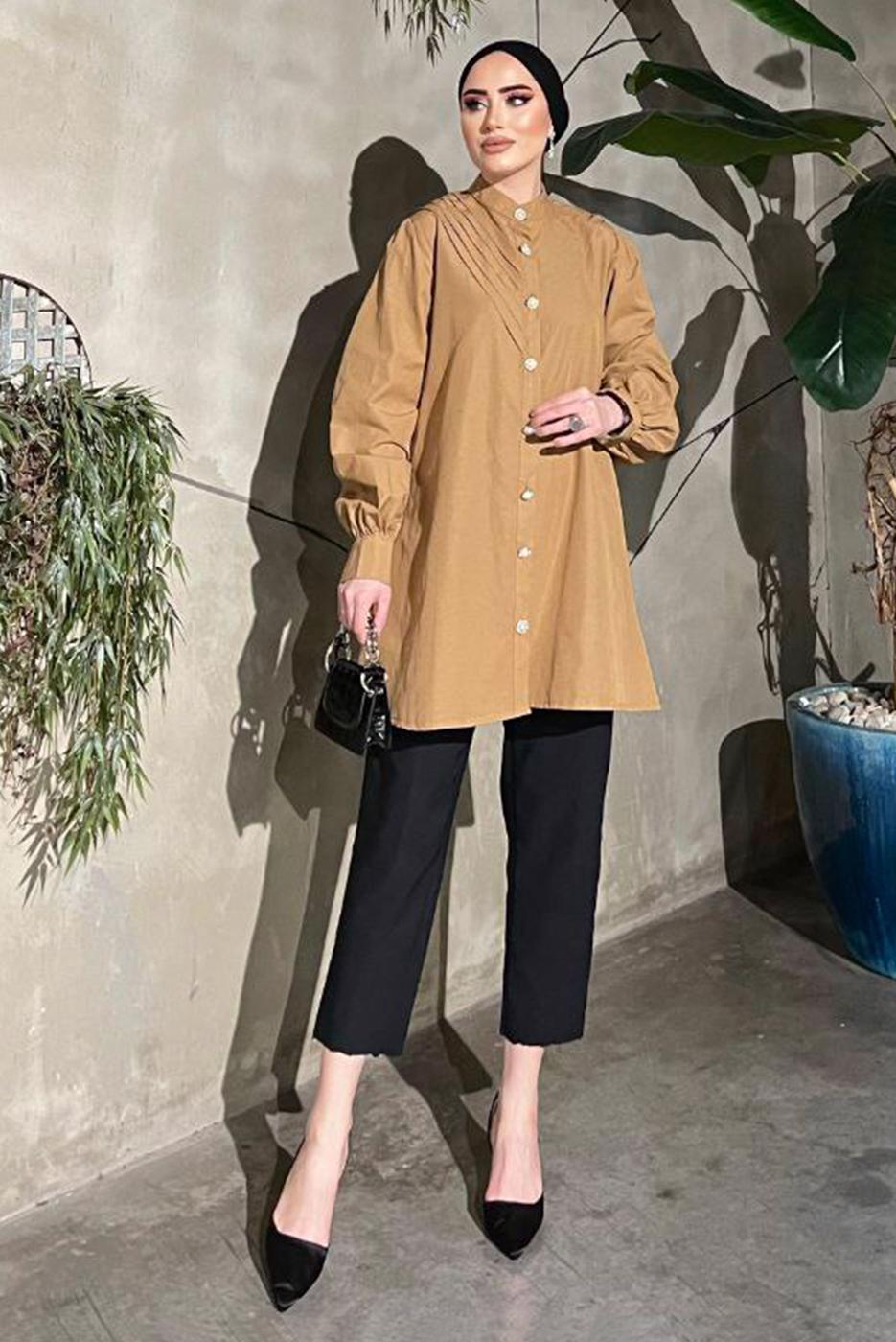 Vêtements hijab BRUN TUNIQUE DÉTAILS GEMMES ET PERLES 361