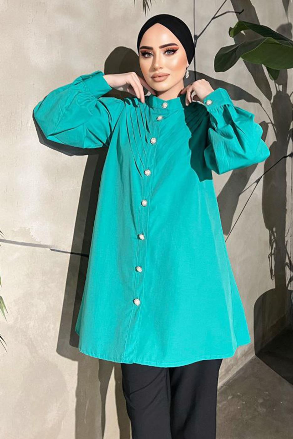 Tesettür giyim YEŞİL TAŞ VE İNCİ DETAYLI TUNİK 361 