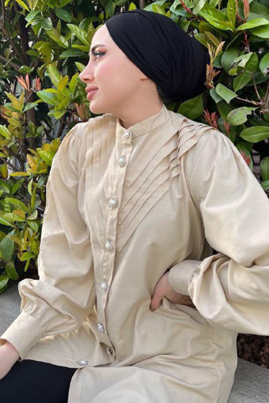 Tesettür giyim BEJ TAŞ VE İNCİ DETAYLI TUNİK 361 