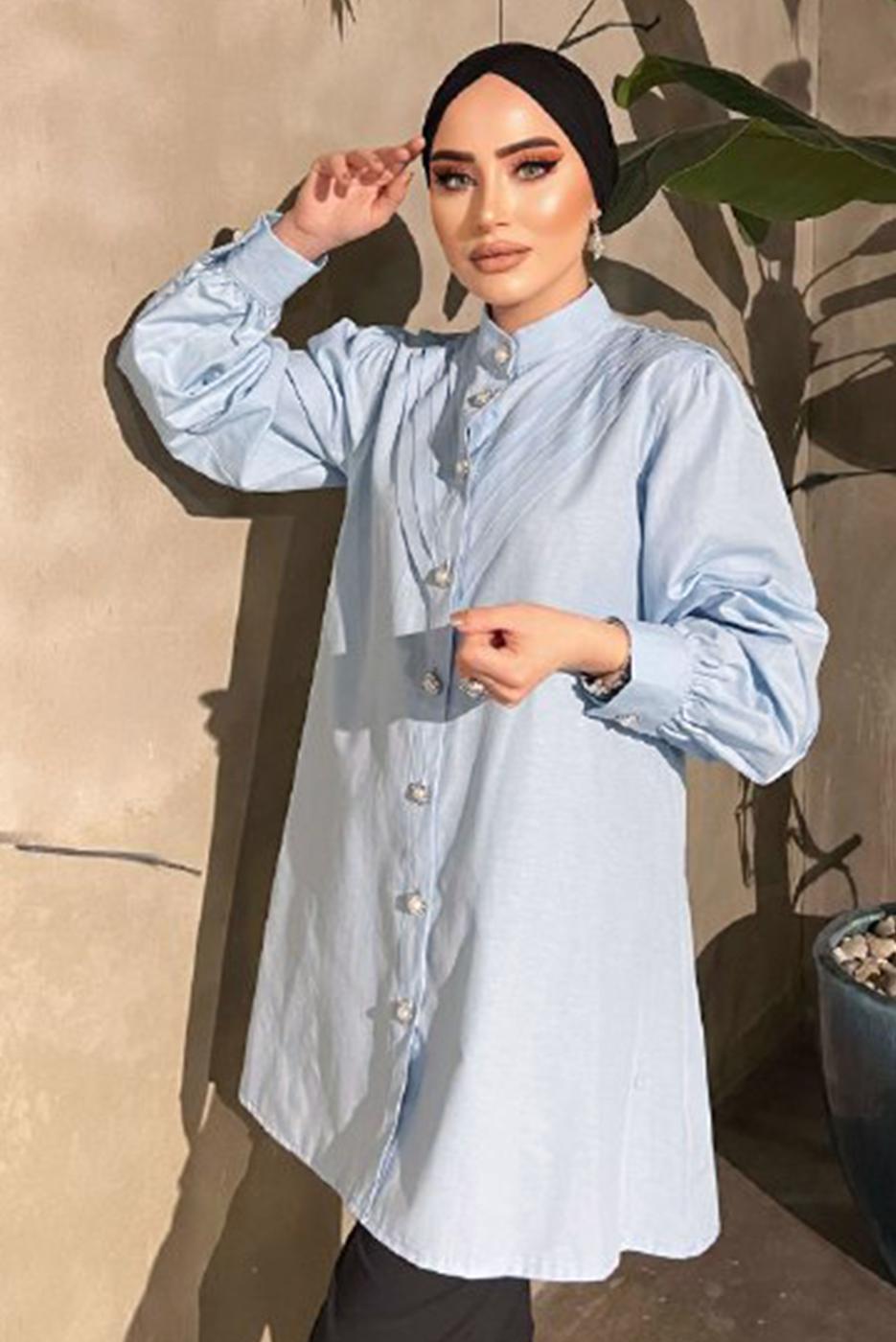 Tesettür giyim MAVİ TAŞ VE İNCİ DETAYLI TUNİK 361 