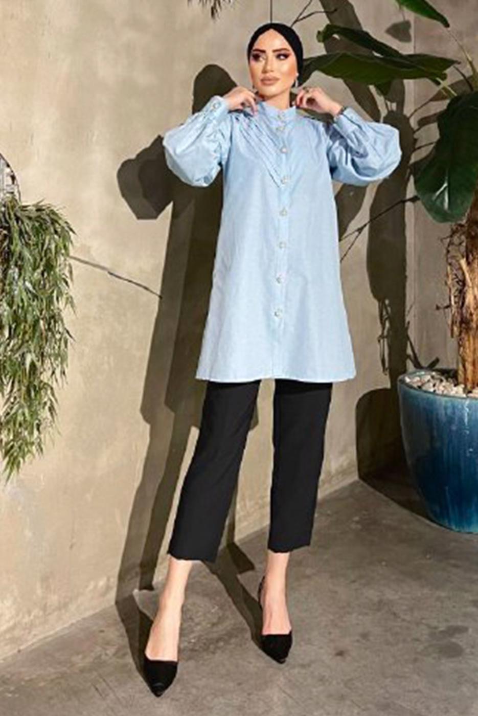 Tesettür giyim MAVİ TAŞ VE İNCİ DETAYLI TUNİK 361 