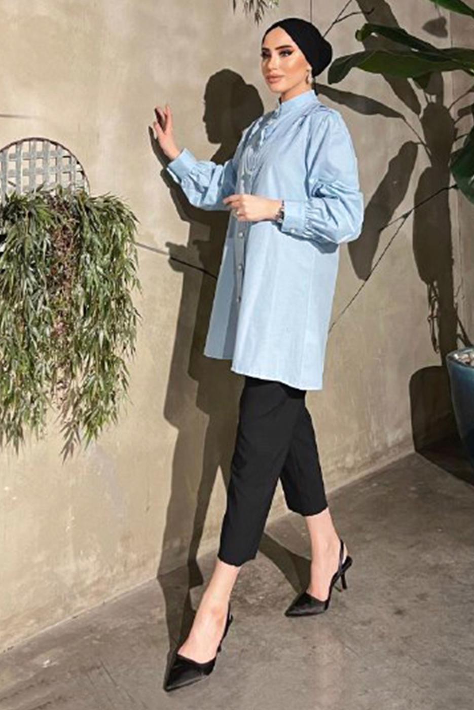 Tesettür giyim MAVİ TAŞ VE İNCİ DETAYLI TUNİK 361 