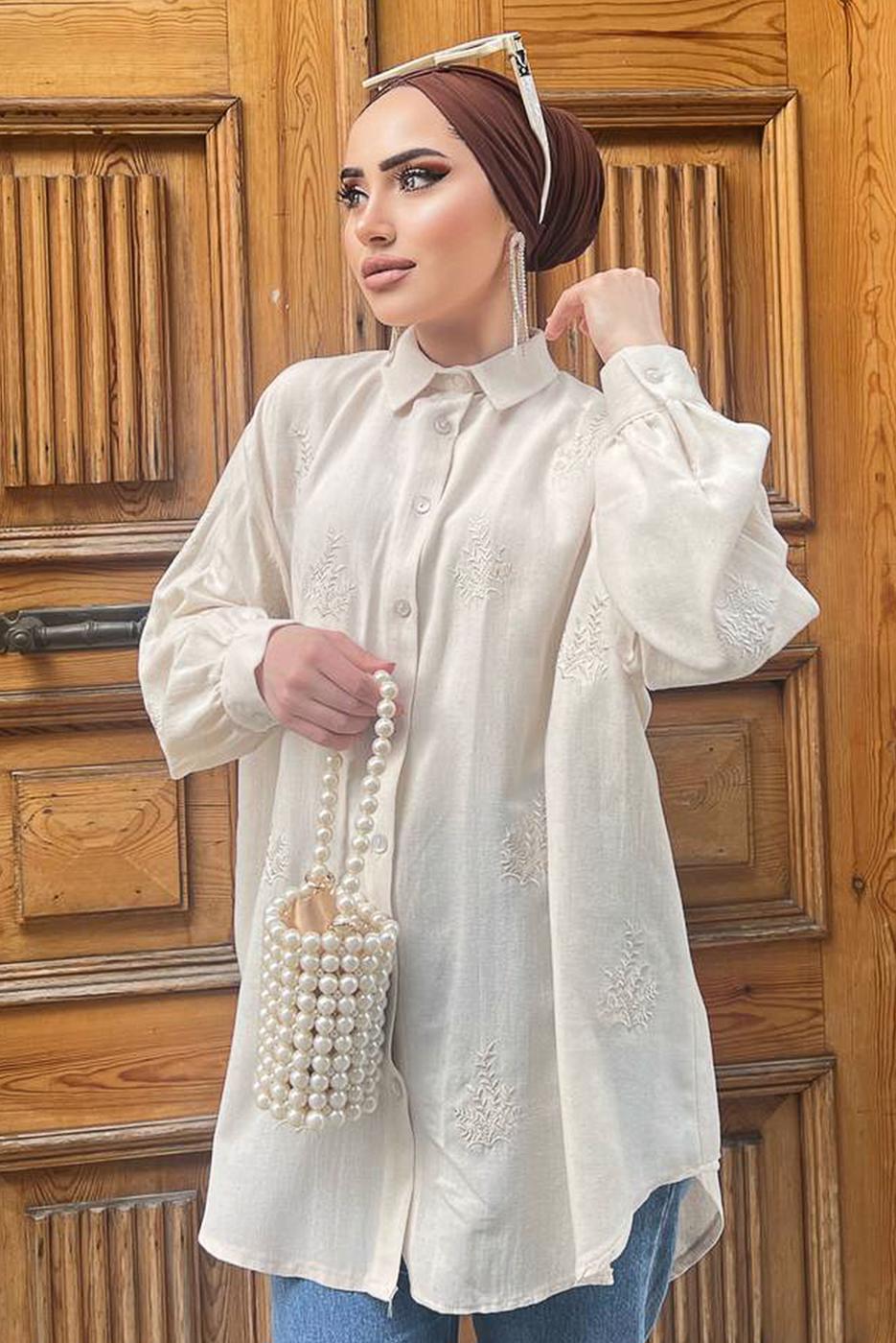 Vêtements hijab BEIGE TUNIQUE EN LIN BRODÉ BOUTONS 461