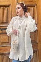 Vêtements hijab BEIGE TUNIQUE EN LIN BRODÉ BOUTONS 461