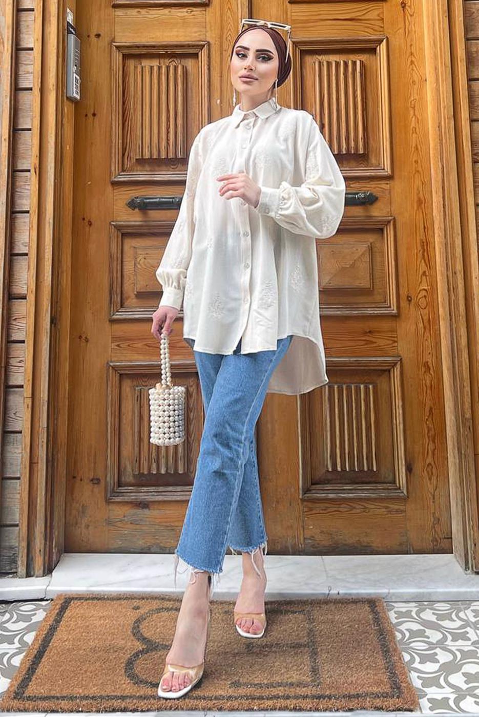 Vêtements hijab BEIGE TUNIQUE EN LIN BRODÉ BOUTONS 461