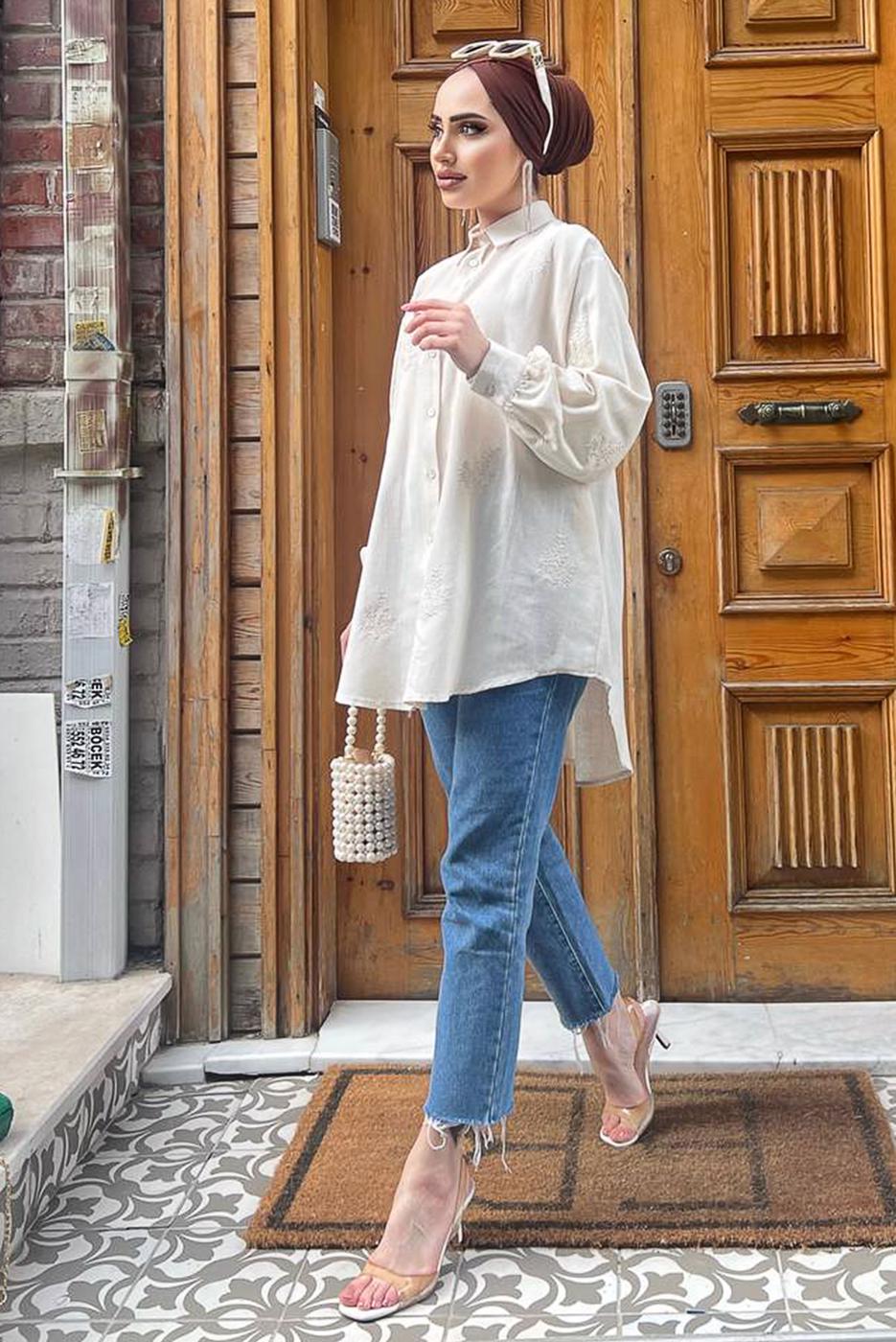 Vêtements hijab BEIGE TUNIQUE EN LIN BRODÉ BOUTONS 461