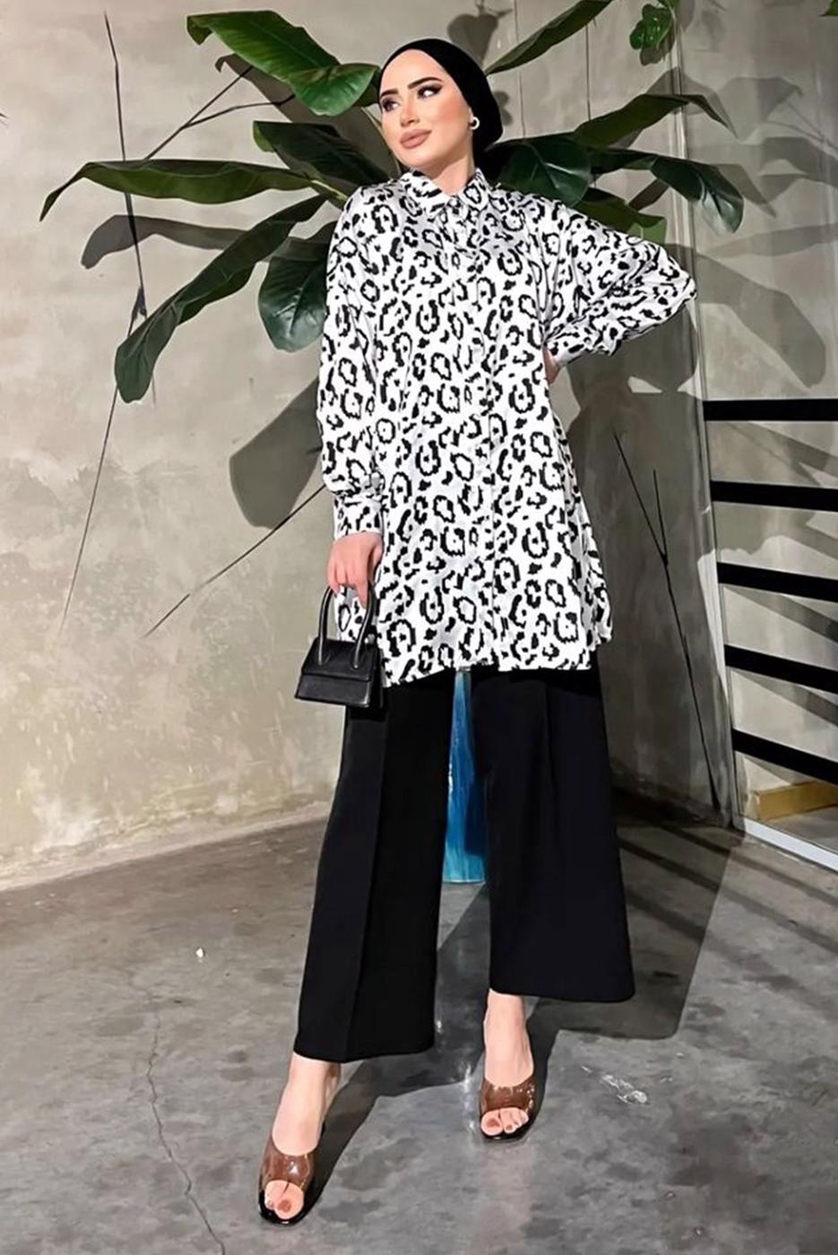 Tesettür giyim BEYAZ DESENLİ SATEN TUNİK  551 