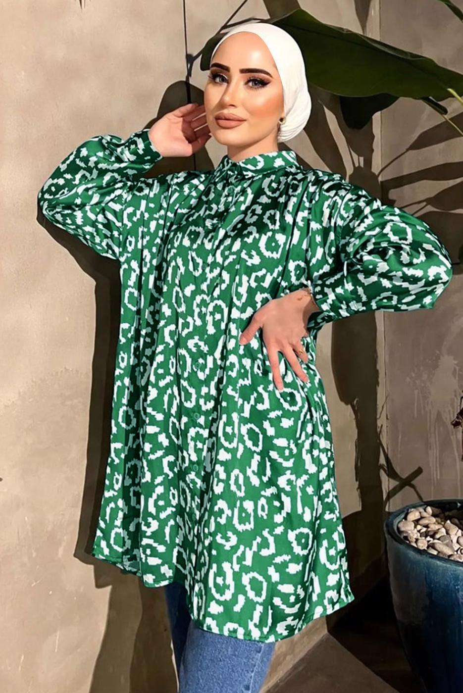 Tesettür giyim YEŞİL DESENLİ SATEN TUNİK  551 