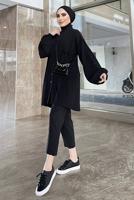 Tesettür giyim SİYAH YAKASI FIRFIR DETAYLI DÜĞMELİ MÜSLİN TUNİK 931	