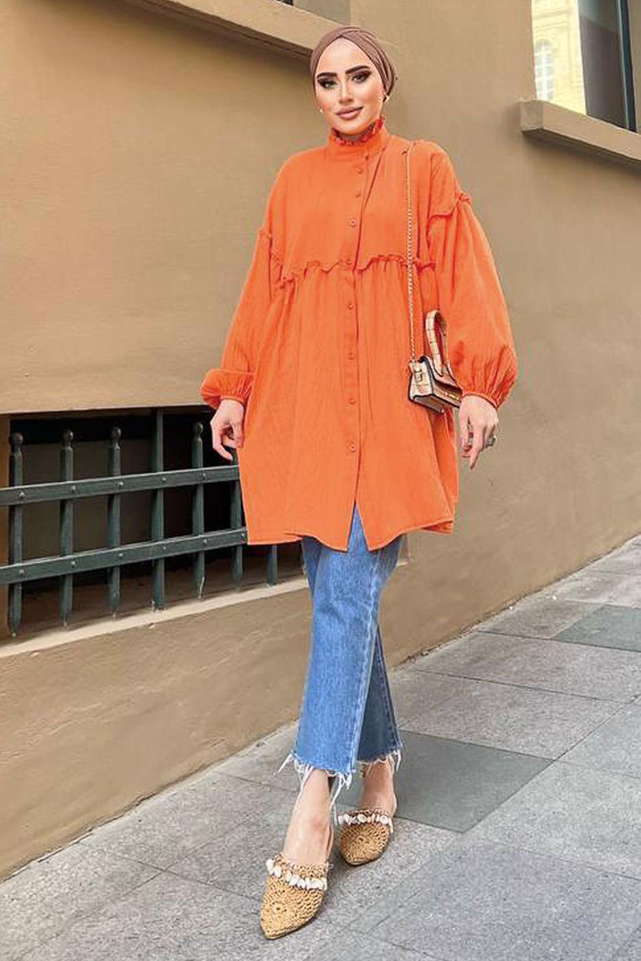 Tesettür giyim TURUNCU YAKASI FIRFIR DETAYLI DÜĞMELİ MÜSLİN TUNİK 931	