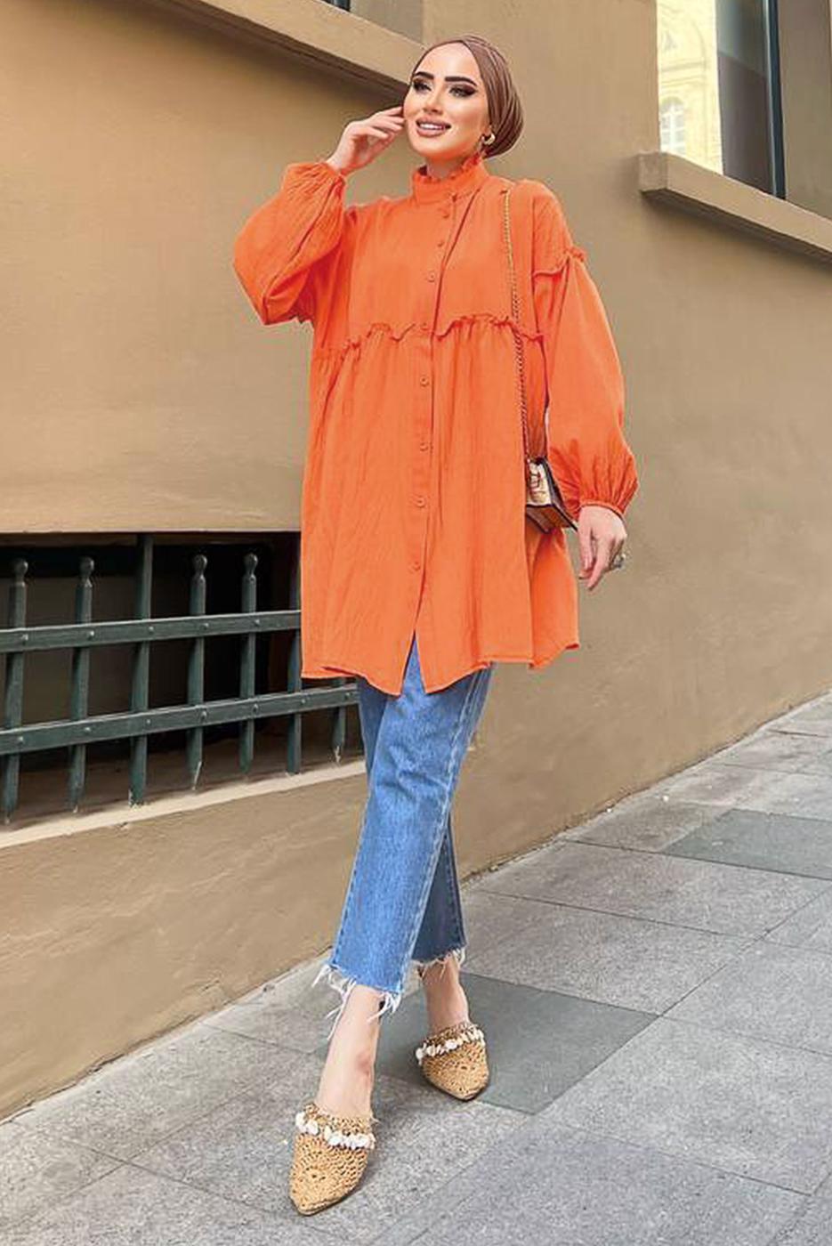 Tesettür giyim TURUNCU YAKASI FIRFIR DETAYLI DÜĞMELİ MÜSLİN TUNİK 931	