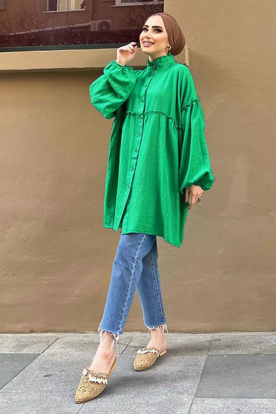 Tesettür giyim YEŞİL YAKASI FIRFIR DETAYLI DÜĞMELİ MÜSLİN TUNİK 931	